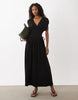 plunge waist detail midi dress in black