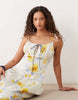 structured cotton sateen tie bust dropped waist maxi sundress in painted blue & yellow floral with gingham tie straps