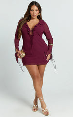 Alesya Mini Dress - Ruffle Plunge Neck Long Sleeve Tie Detail Dress in Wine