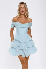 Pretty In The Sun Off Shoulder Mini Dress Blue