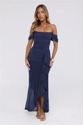 The Style Structure Mesh Off The Shoulder Maxi Dress Navy