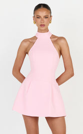 Helia Mini Dress - High Halter Neck Scarf Detail A Line Dress in Pink