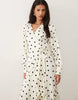 VILA long sleeve satin wrap midi dress in cream polka dot
