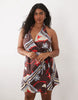 Curve cotton linen halter neck wrap mini sundress in burgundy scarf print