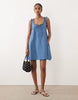 denim frill detail mini dress with pockets in mid blue
