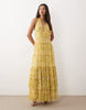 Lace & Beads halterneck tiered tulle maxi dress in yellow floral