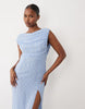 Oh Polly chiffon asymmetric one shoulder thigh high split maxi dress in blue polka dot