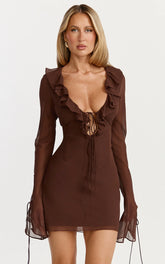 Alesya Mini Dress - Ruffle Plunge Neck Long Sleeve Tie Detail Dress in Chocolate