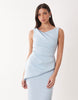 drape asymmetric midi dress in light blue scuba-style fabric