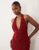 Premium embroidered applique scoop halter maxi dress in red