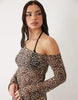 Good American print mesh asymmetric long sleeve mini dress in leopard
