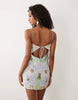 bias cut double rouleaux strap artwork embellished mini dress in aqua