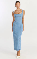Kristie Maxi Dress - Wide Neck Corset Detail Denim Dress in Light Mid Blue