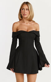 Collette Mini Dress - Off Shoulder Long Sleeve Godet Flare Dress in Black