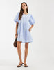PIECES volume sleeve mini dress in blue and white gingham