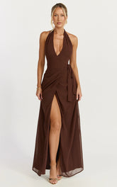 Eva Maxi Dress - Plunge Halter Wrap Dress in Chocolate