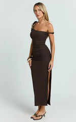Tilly Midi Dress - Stretch Fitted Shoulder Trim Side Split Dress in Chocolate