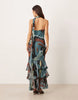 chiffon halter neck maxi dress with scarf detail in blue abstract