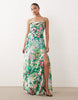 Hope & Ivy Petite cowl neck tie back slit front satin maxi dress in green garden floral
