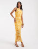PIECES ruched midi dress in yellow floral print