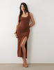 TFNC slinky scoop neck knot detail slit midaxi dress in chocolate