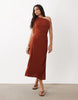 Mango satin cowl neck asymmetric midi dress in burnt orange