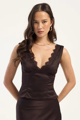 Perfect Stranger Evoke Satin Lace Top Brown