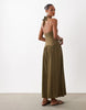 sweetheart neck shirred midaxi dress in brown