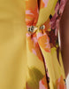 high slash neck mini dress with trim back detail in floral print scuba-style fabric