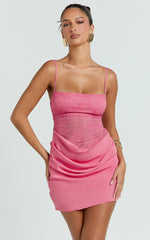 Rania Mini Dress - Square Neck Cowl Waist Lace Dress in Dark Pink