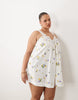 Curve v-neck poplin smock mini sundress with lace overlay in white floral print