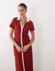 button front cap sleeve midi dress with contrast tipping in burnt red