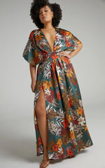 Vacay Ready Maxi Dress - Plunge Thigh Split Dress in Teal Floral Satin
