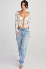 garden print lace trim top