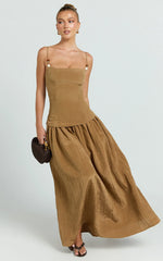 Edie Maxi Dress - Straight Neck Gathered Drop Waist Dress in Brown