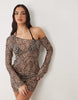 Good American print mesh asymmetric long sleeve mini dress in leopard