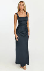Rumi Maxi Dress - Ruched Bodice Satin Dress in Navy