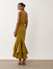 fallen shoulder midaxi dress with asymmetric godet hem in olive