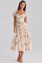 ivory vintage rose print chiffon midi dress