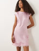 slash neck satin mini dress with lace hem in pink