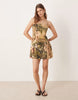 cotton linen blend cami mini sundress with shaped bust in tropical palm print