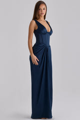 navy satin corset maxi dress
