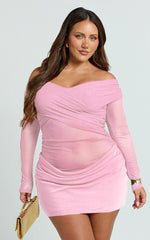 Jade Mini Dress - Long Sleeve Off Shoulder Draped Bias Cut Dress in Pink