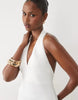 plunge neck structured full skirted mini dress in ivory scuba-style fabric