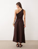 ruched one shoulder dropped waist maxi dress in chocolate