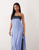 cami maxi slip dress with lace trim in blue striped print