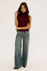 Luck & Trouble Rylan High Neck Jersey Top Burgundy