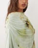 printed mesh maxi dress with overlay draped neckline detail in green blurred floral