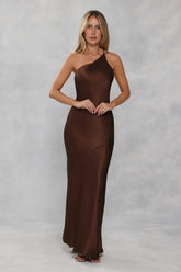 The Evangeline One Shoulder Satin Maxi Dress Chocolate Brown