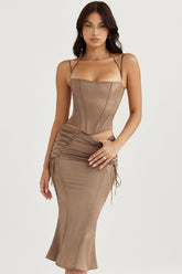 latte satin lace up midi skirt
